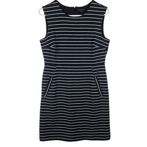 Lands End Womens Sheath Dress 10P  Petite Navy Blue White Stripe with Pockets